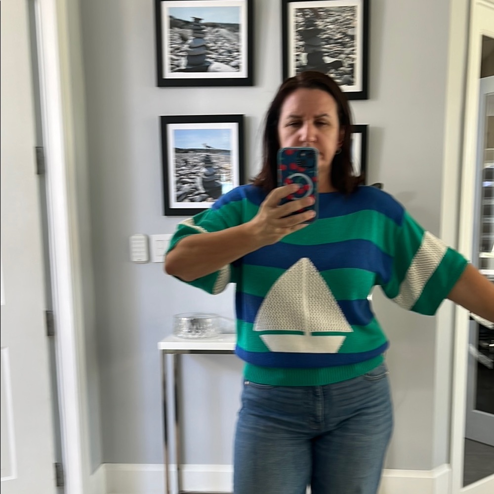 Catalina Striped Green and‎ Blue Sailboat Sweater